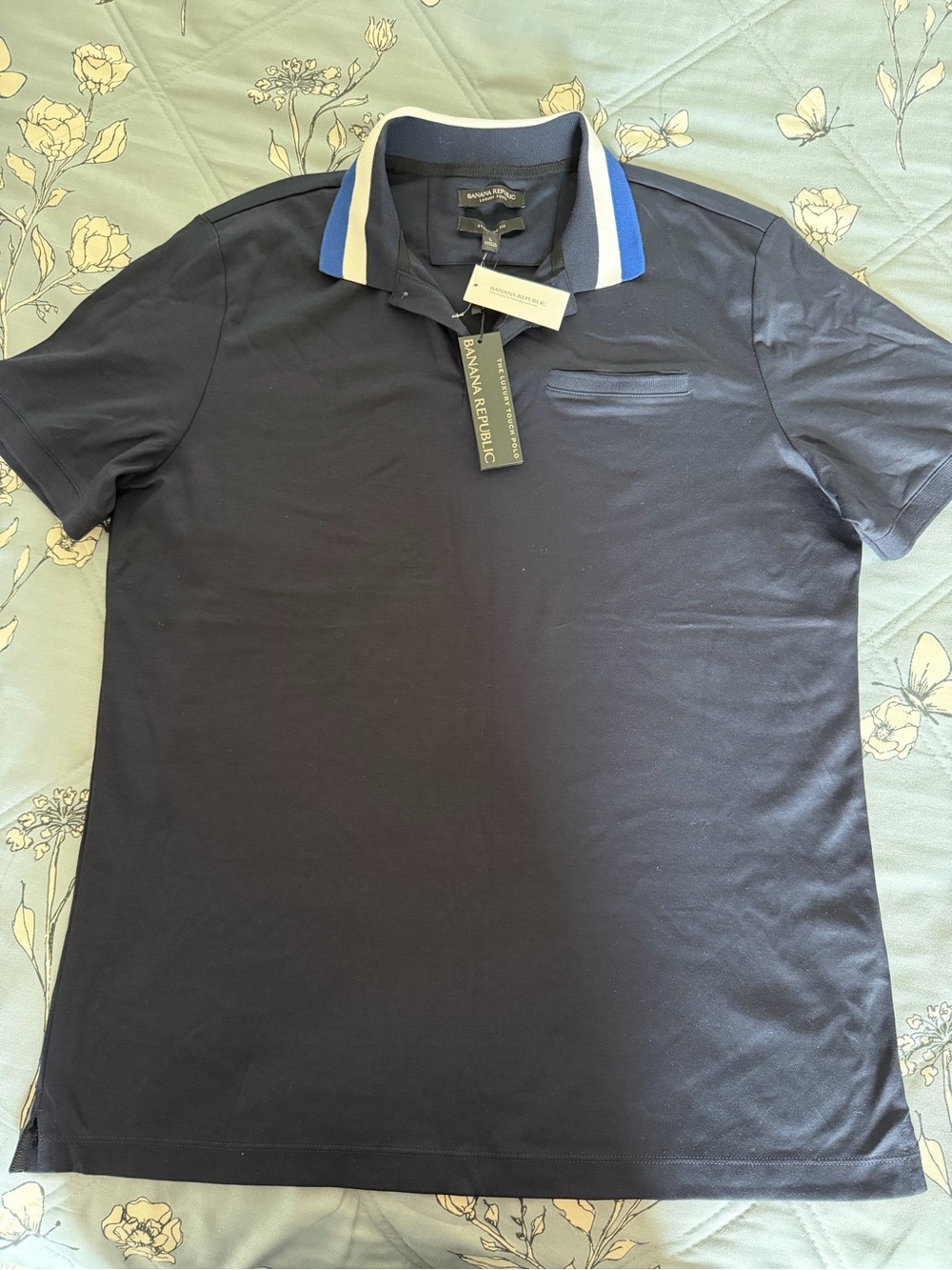 Banana Republic Men’s Navy Polo with Blue and White Trim Collar